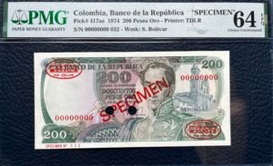 200 PESOS ORO, CAFETERITO  PRIMERA FECHA (SPECIMEN) Resello Thomas de la Rue