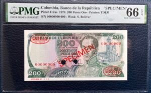 200 Pesos Oro Especimen Primera Fecha con resellos Thomas de la Rue