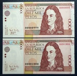 10 000 Pesos Pareja Policarpa Serie Baja Consecutiva # 999-1000