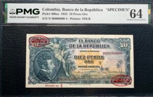 10 Pesos Oro Specimen Primera fecha con resellos Thomas de la Rue